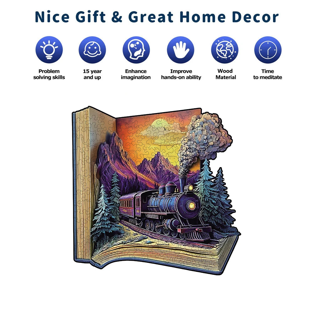 Train in the Book 3D wooden puzzle shown as a great gift and home décor piece with icons for problem-solving, imagination, hands-on ability, wood material, and meditation time
