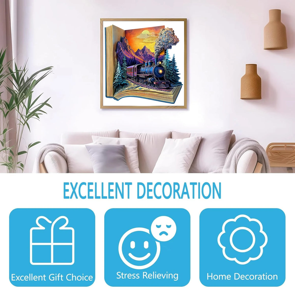 Train in the Book 3D wooden puzzle displayed as wall art in a modern living room, highlighting benefits such as gift choice, stress relief, and home decoration