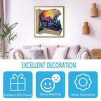 Train in the Book 3D wooden puzzle displayed as wall art in a modern living room, highlighting benefits such as gift choice, stress relief, and home decoration