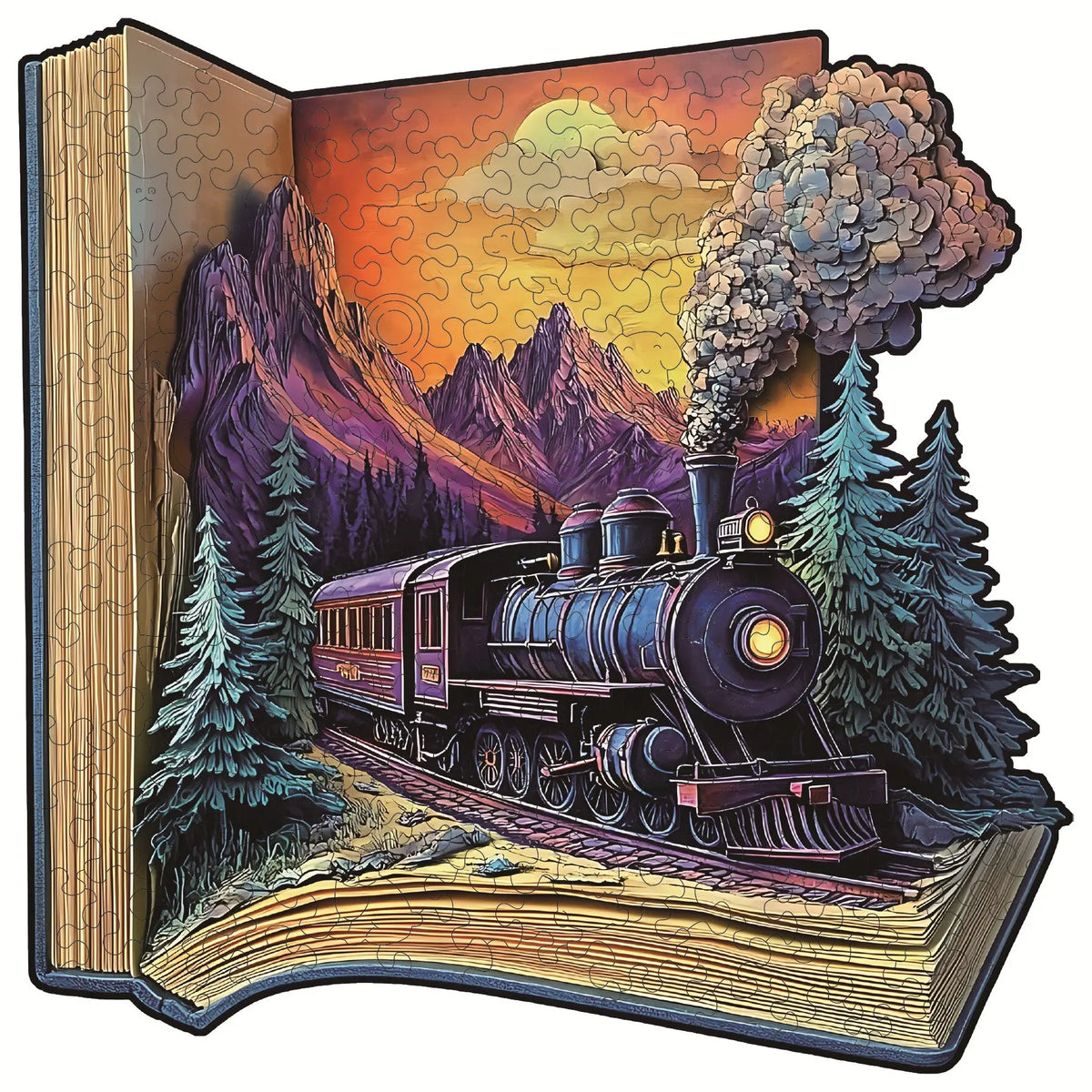 3D wooden puzzle of a steam train emerging from an open book with mountains and trees
