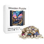 Toylvia train wooden puzzle packaging with box and irregular wooden jigsaw pieces on white background