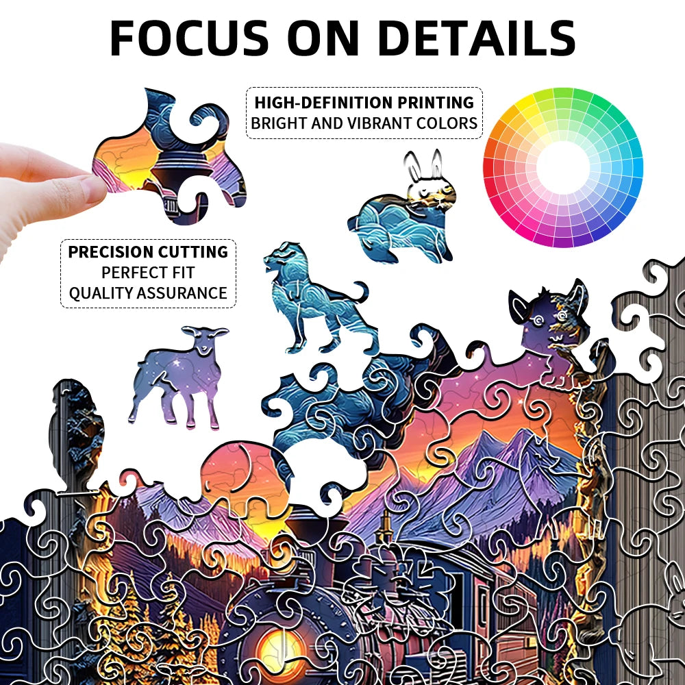 Toylvia train wooden puzzle close-up showing high-definition printing, precision cutting, and vibrant colors