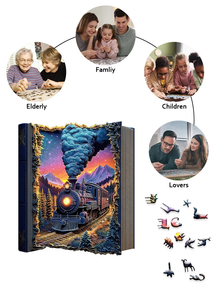 Toylvia train wooden puzzle enjoyed by family members, couples, and adults as a relaxing brain game