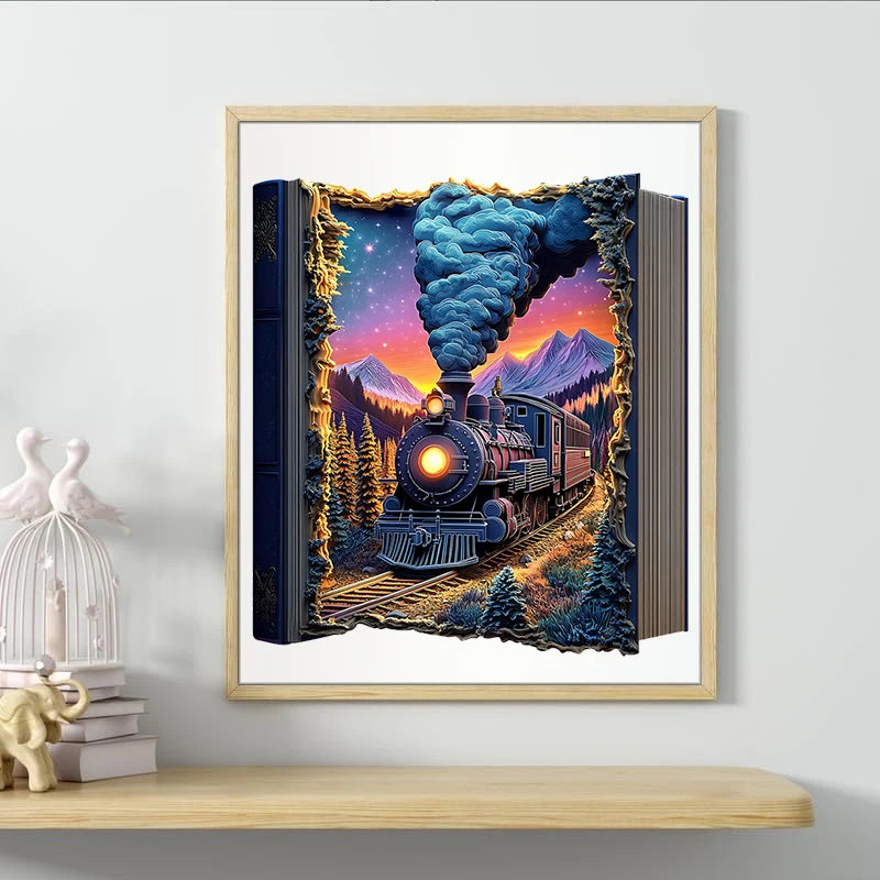 Toylvia train wooden puzzle displayed as framed wall art after completion, colorful steam train artwork