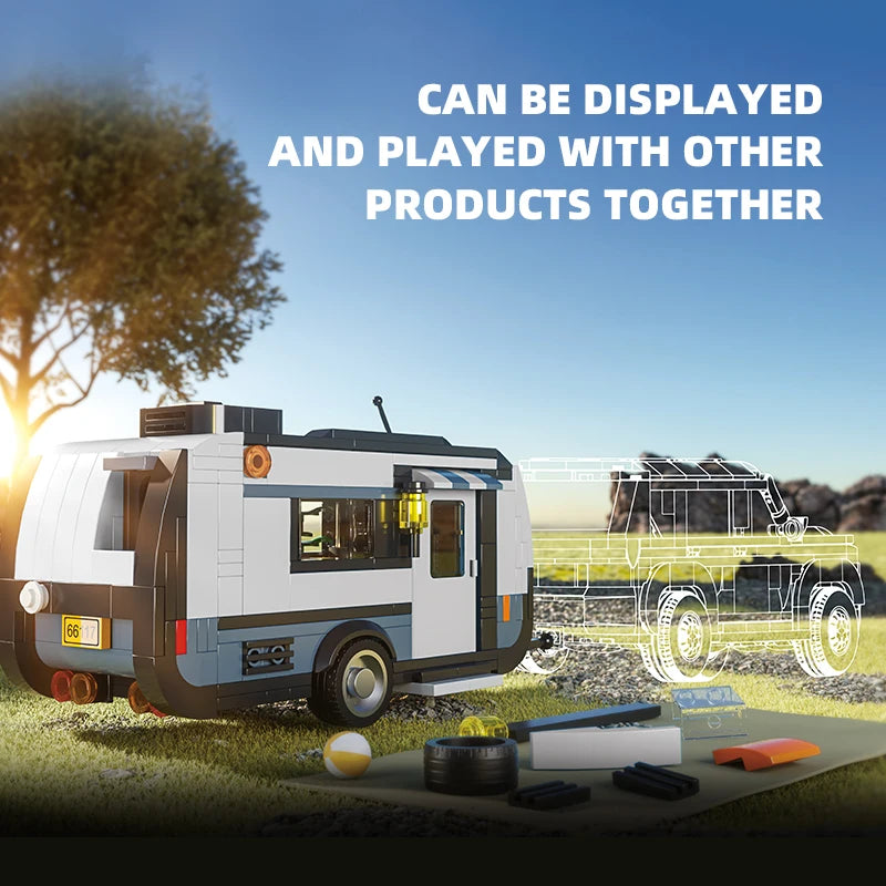 Toylvia travel trailer building blocks connected with pickup truck for play and display