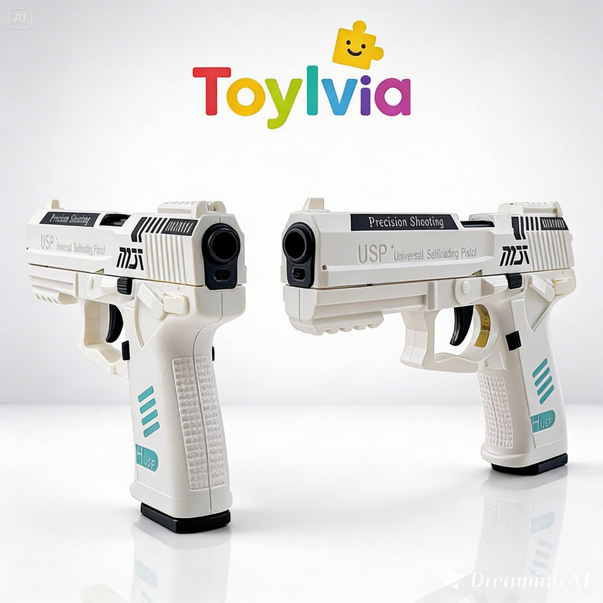 Two white and grey Toylvia USP toy guns with 'Precision Shooting' and 'Universal Selfloading Pistol' text.