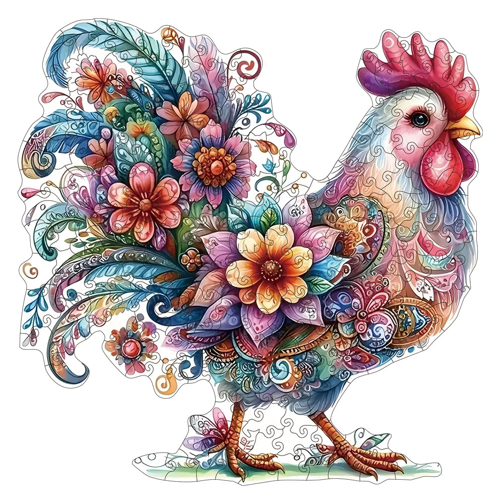 Mindful Dawn: Colorful Whimsical Rooster High-Difficulty Wood Jigsaw