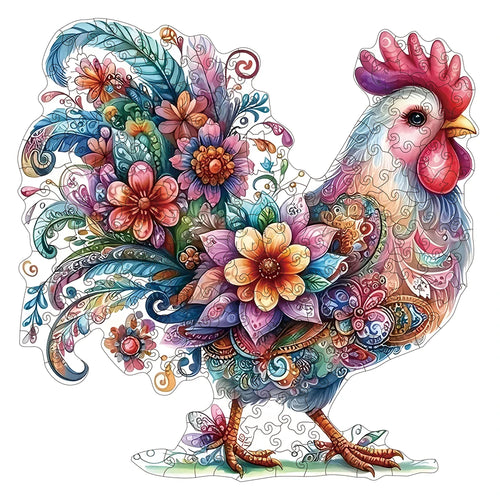 Mindful Dawn: Colorful Whimsical Rooster High-Difficulty Wood Jigsaw