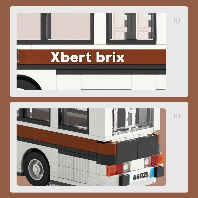 close up details of vintage city bus building blocks model showing side panel and rear design