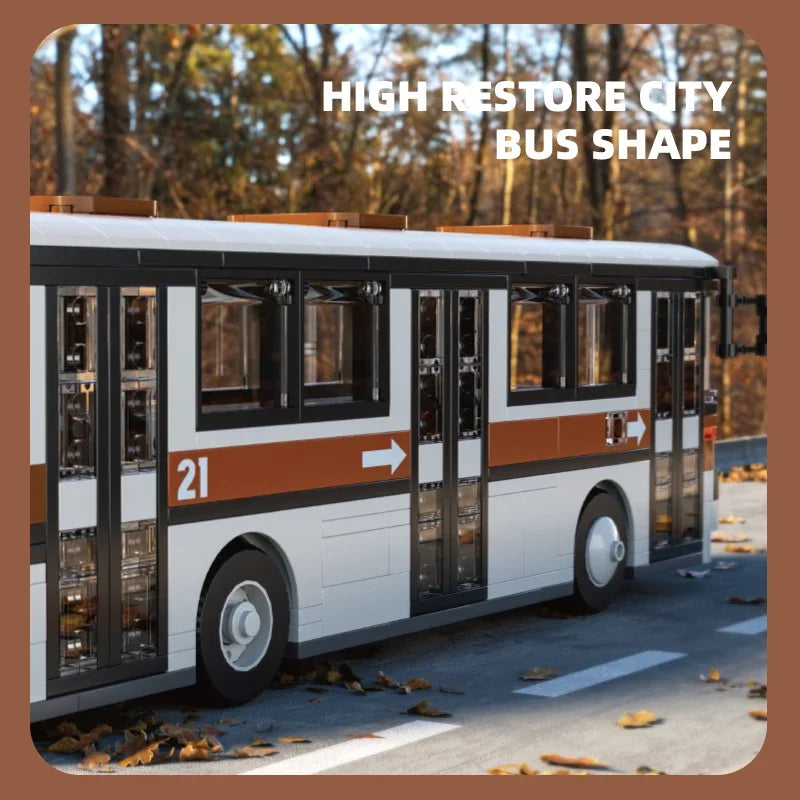 retro city bus building blocks model side view showing classic urban bus shape and window details