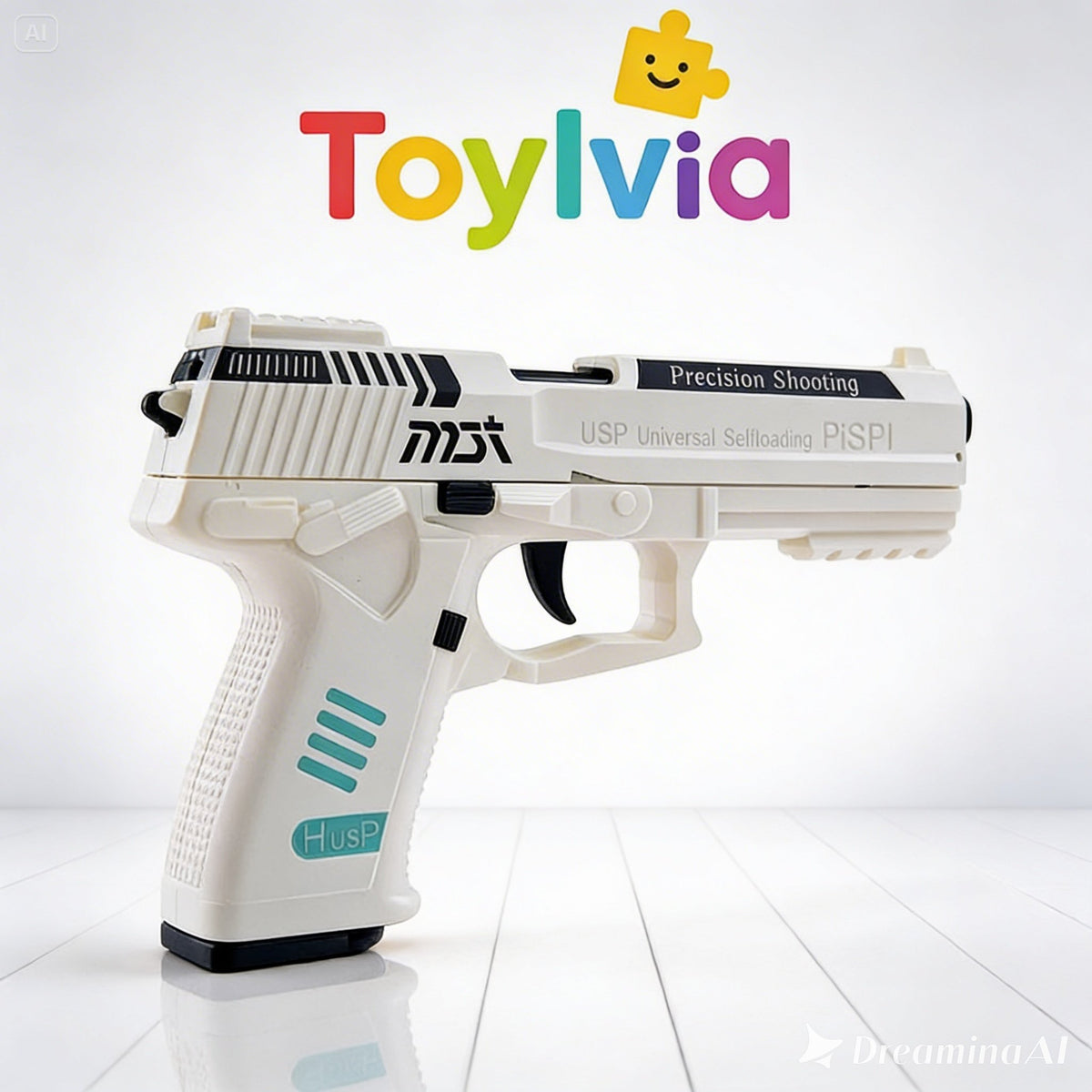 A sleek white toy pistol featuring teal accents and "Precision Shooting" text on the slide, shown in a studio setting with Toylvia branding