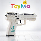 A sleek white toy pistol featuring teal accents and "Precision Shooting" text on the slide, shown in a studio setting with Toylvia branding