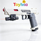 A white tactical toy gun with a grey honeycombed grip, a red internal spring, and a black under-barrel laser sight emitting a thin red beam, branded with the Toylvia logo
