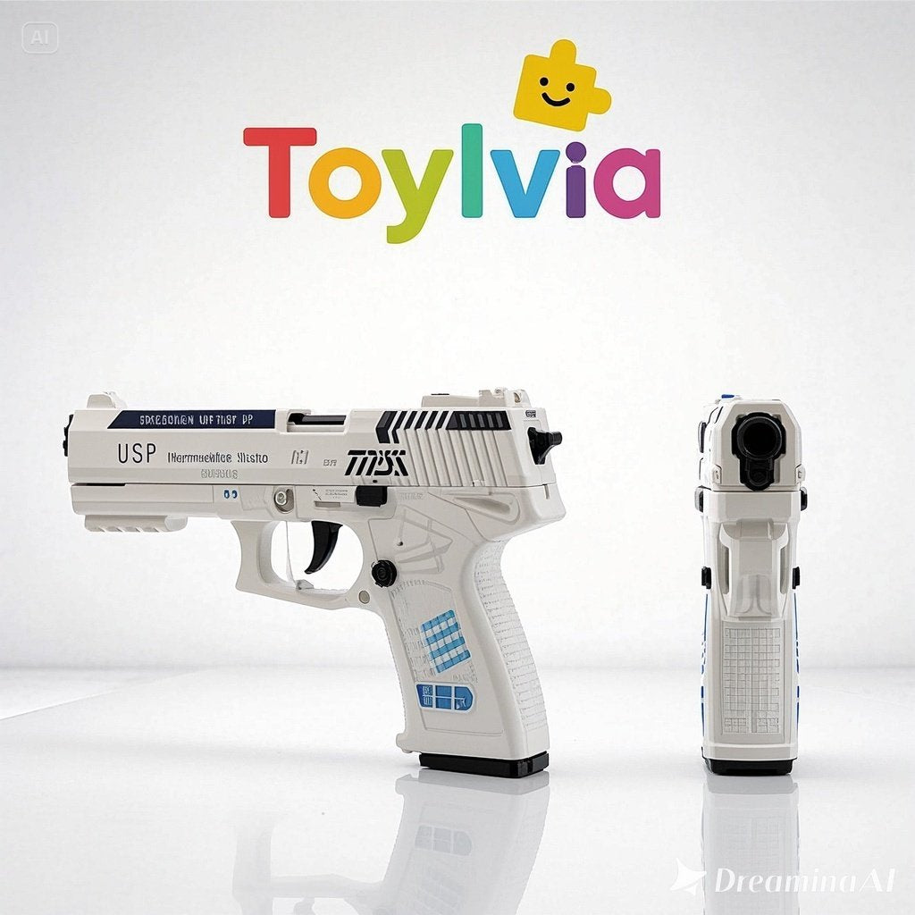 A white toy gun with blue accents and "USP" branding, displayed from side and front angles against a white background with the colorful Toylvia logo