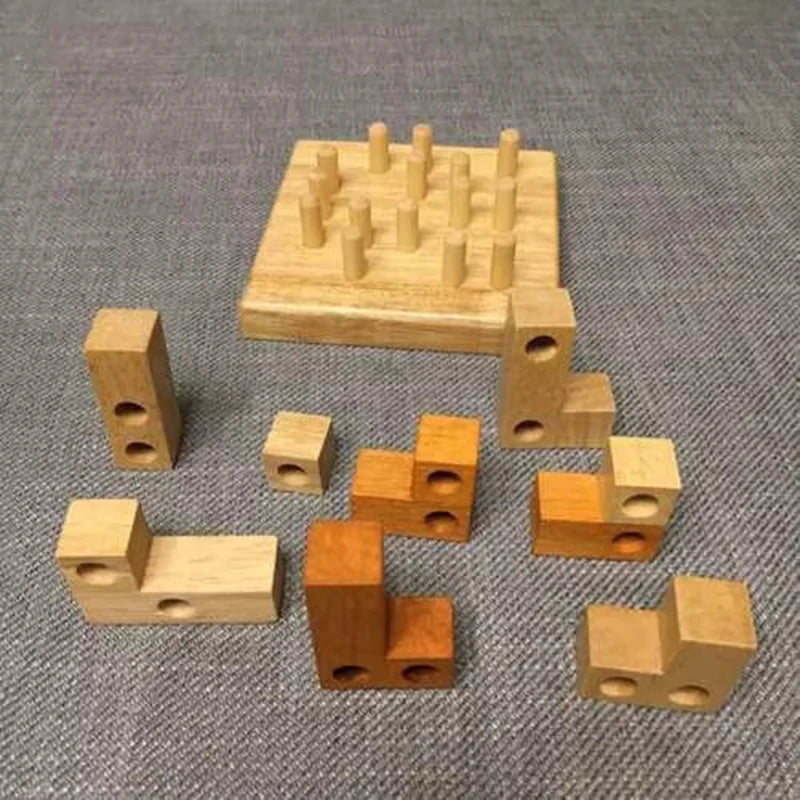 Wooden geometric logic puzzle with loose blocks and peg board, cognitive brain training toy