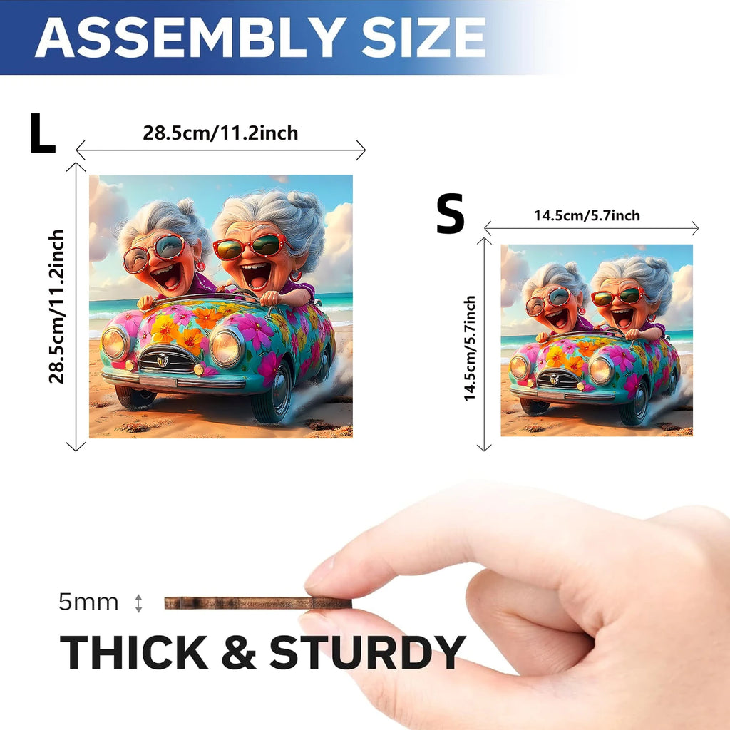 Toylvia adult wooden jigsaw puzzle assembly size comparison showing small and large puzzle dimensions with thick and sturdy wooden pieces
