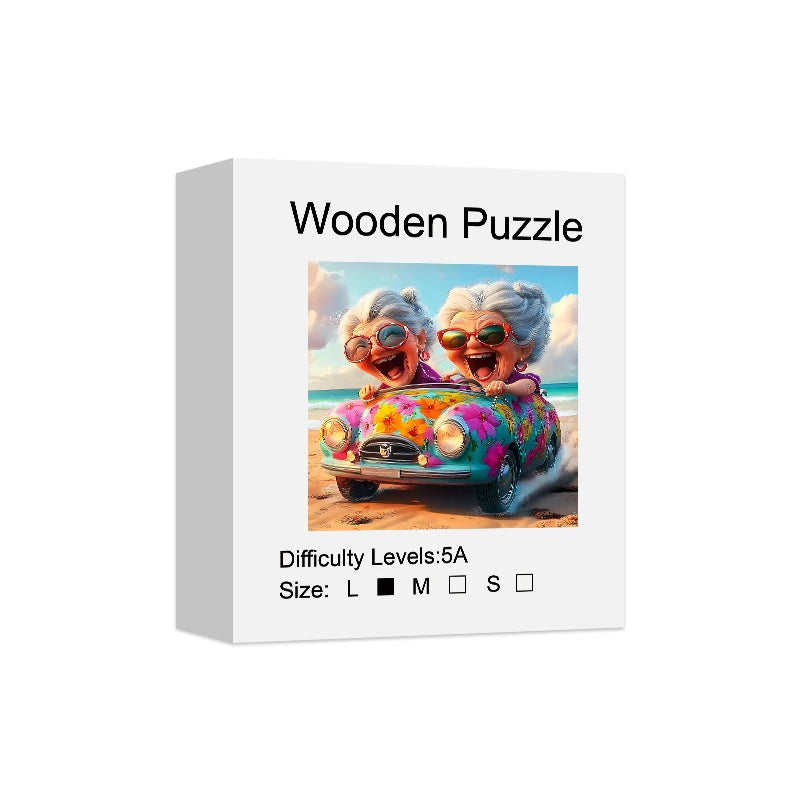 Toylvia adult wooden jigsaw puzzle box shown from an angled view, featuring happy old ladies car artwork and difficulty and size details