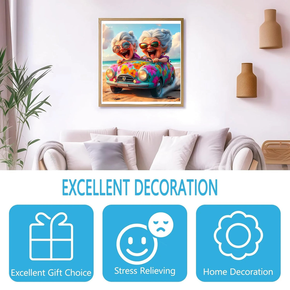 Toylvia adult wooden jigsaw puzzle displayed as wall art in a living room, colorful happy old ladies car design used for home decoration