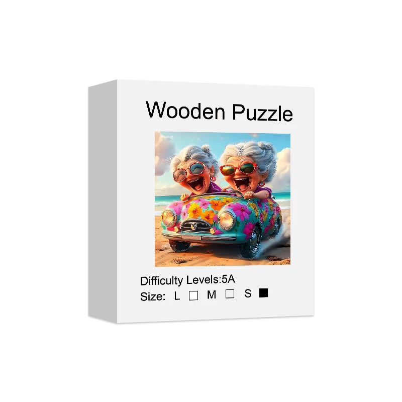 Toylvia adult wooden jigsaw puzzle packaging box showing happy old ladies car artwork and product size information