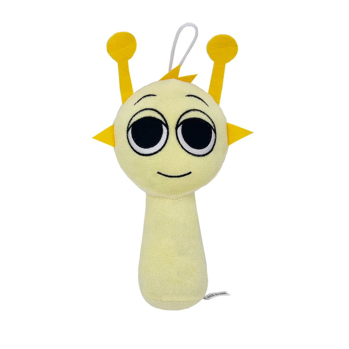 Yellow cartoon character plush toy with antenna-like details and smiling face on a white background by Toylvia
