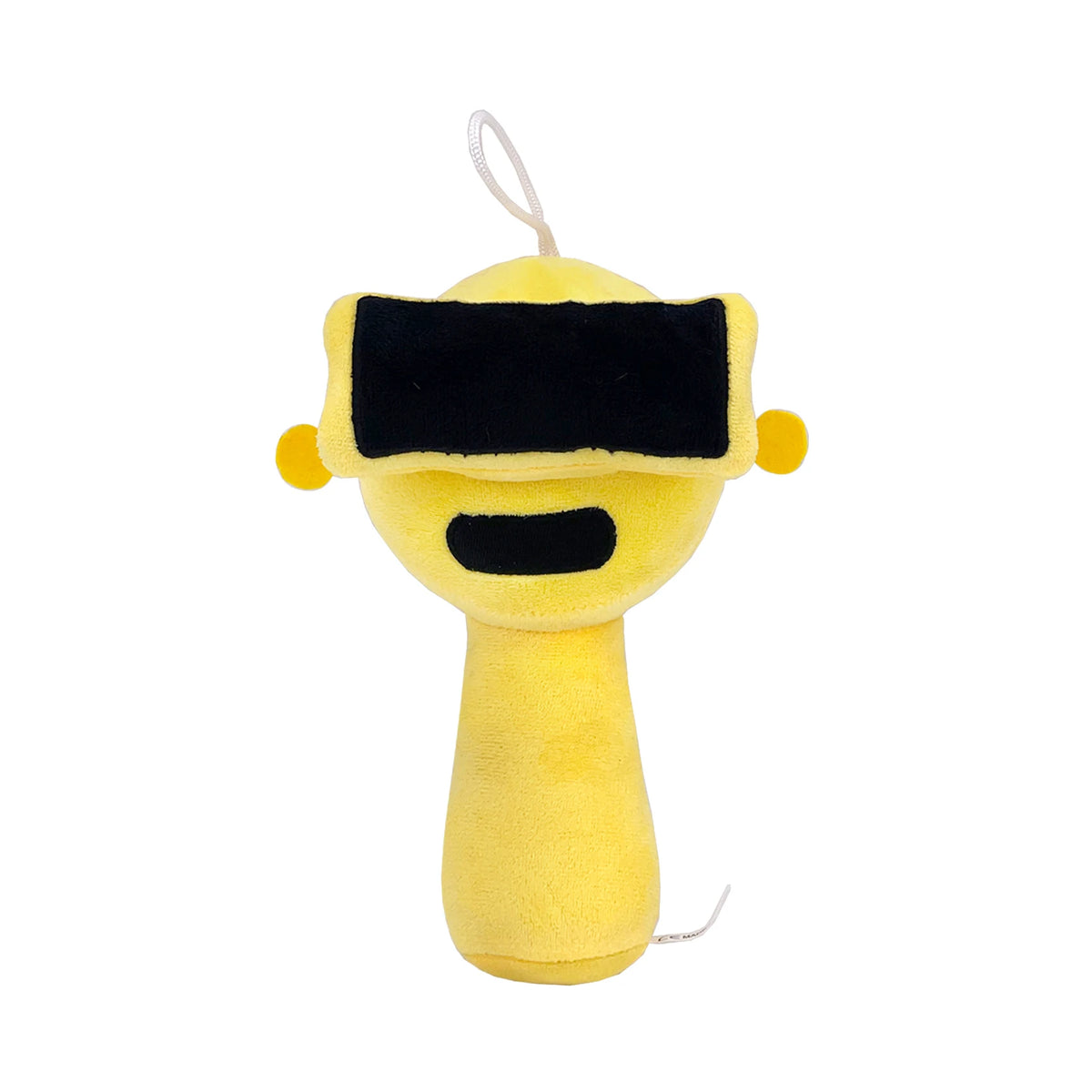 Yellow cartoon character plush toy wearing black sunglasses on a white background by Toylvia