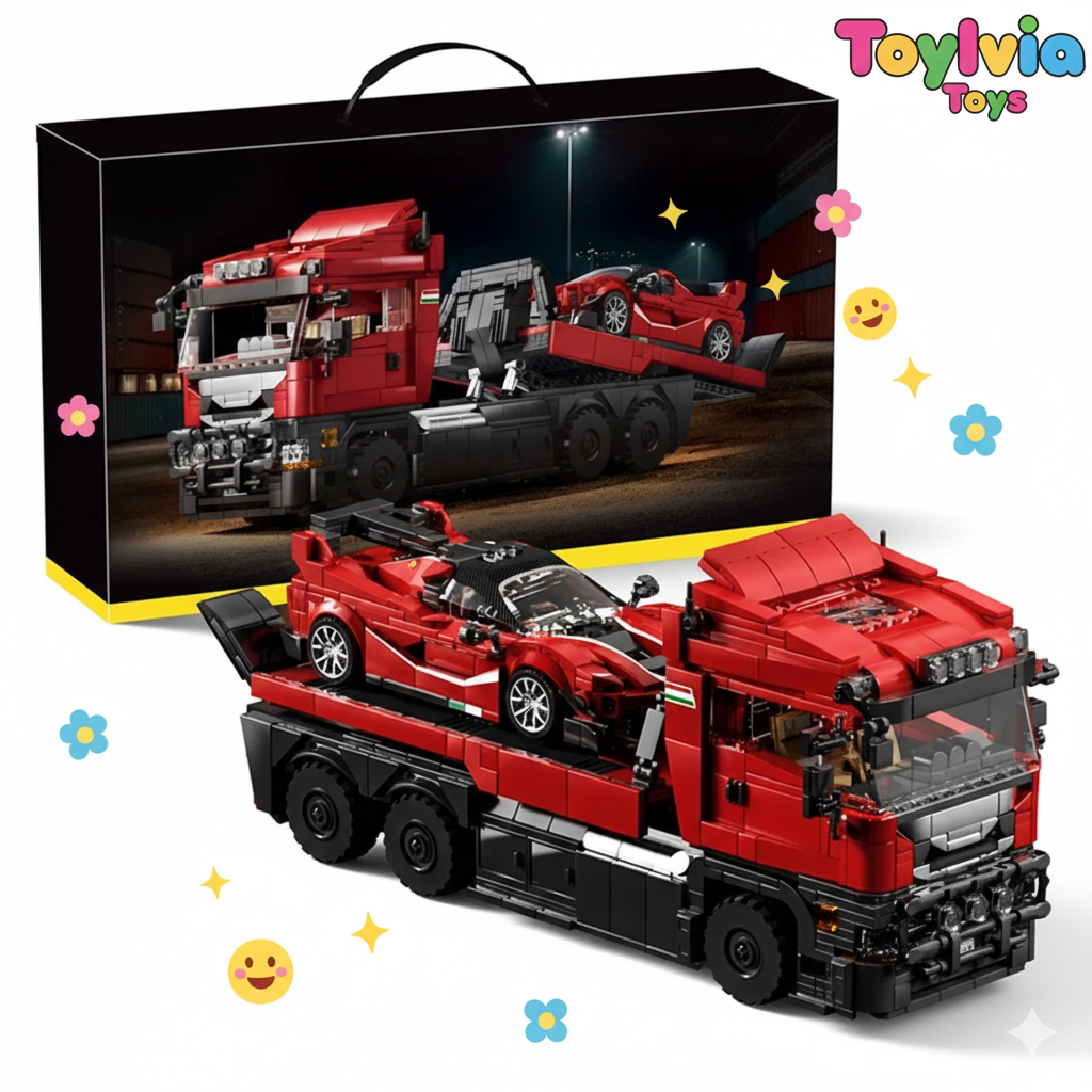 Toy truck with red car on a white background, featuring Toylovia Toys branding. Main image
