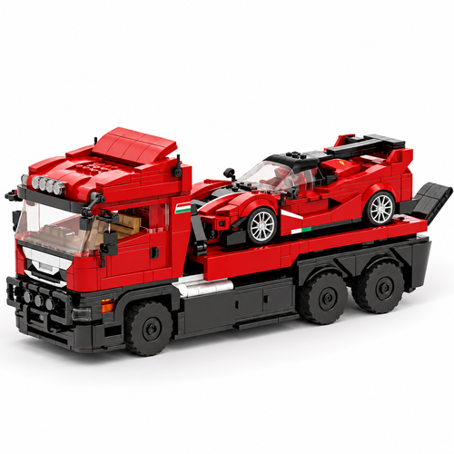 Trailer Super Car Building Block Set - Flatbed Truck & Sports Car Model