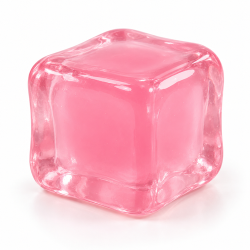 Translucent pink TPR ice cube squishy fidget on a clean white background.