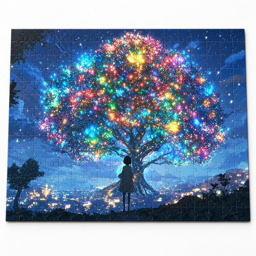 Completed Tree of Life jigsaw puzzle on white studio background with natural contact shadow