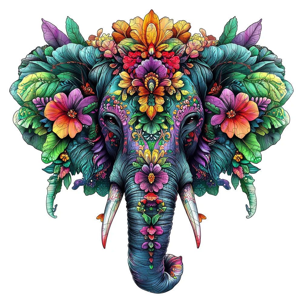 Tropical Floral Elephant Wooden Puzzle with Unique Pieces