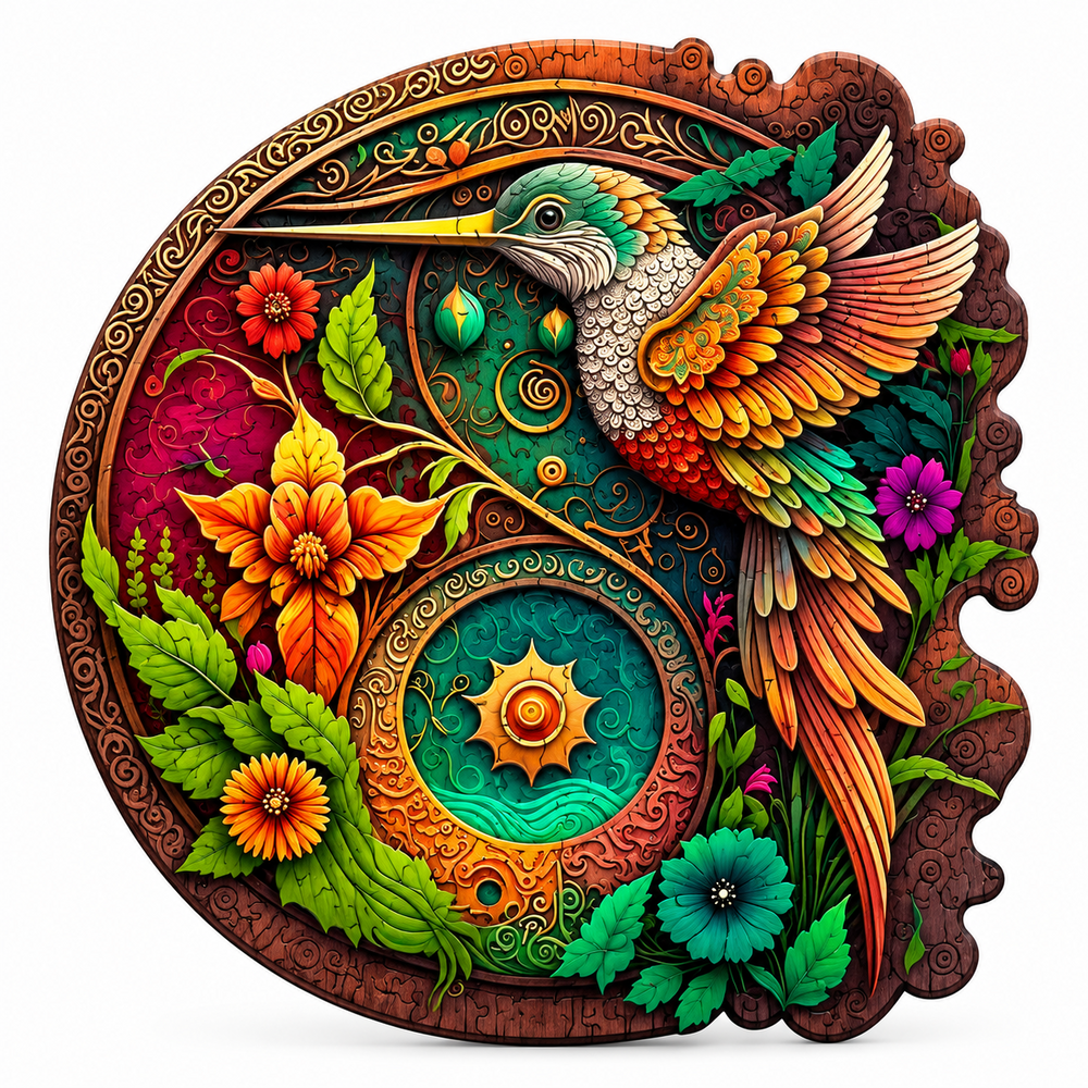 Round wooden puzzle of a hummingbird among red and orange flowers on a teal mandala