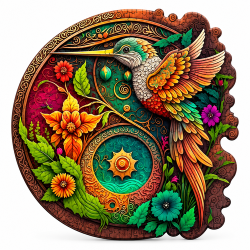 Round wooden puzzle of a hummingbird among red and orange flowers on a teal mandala