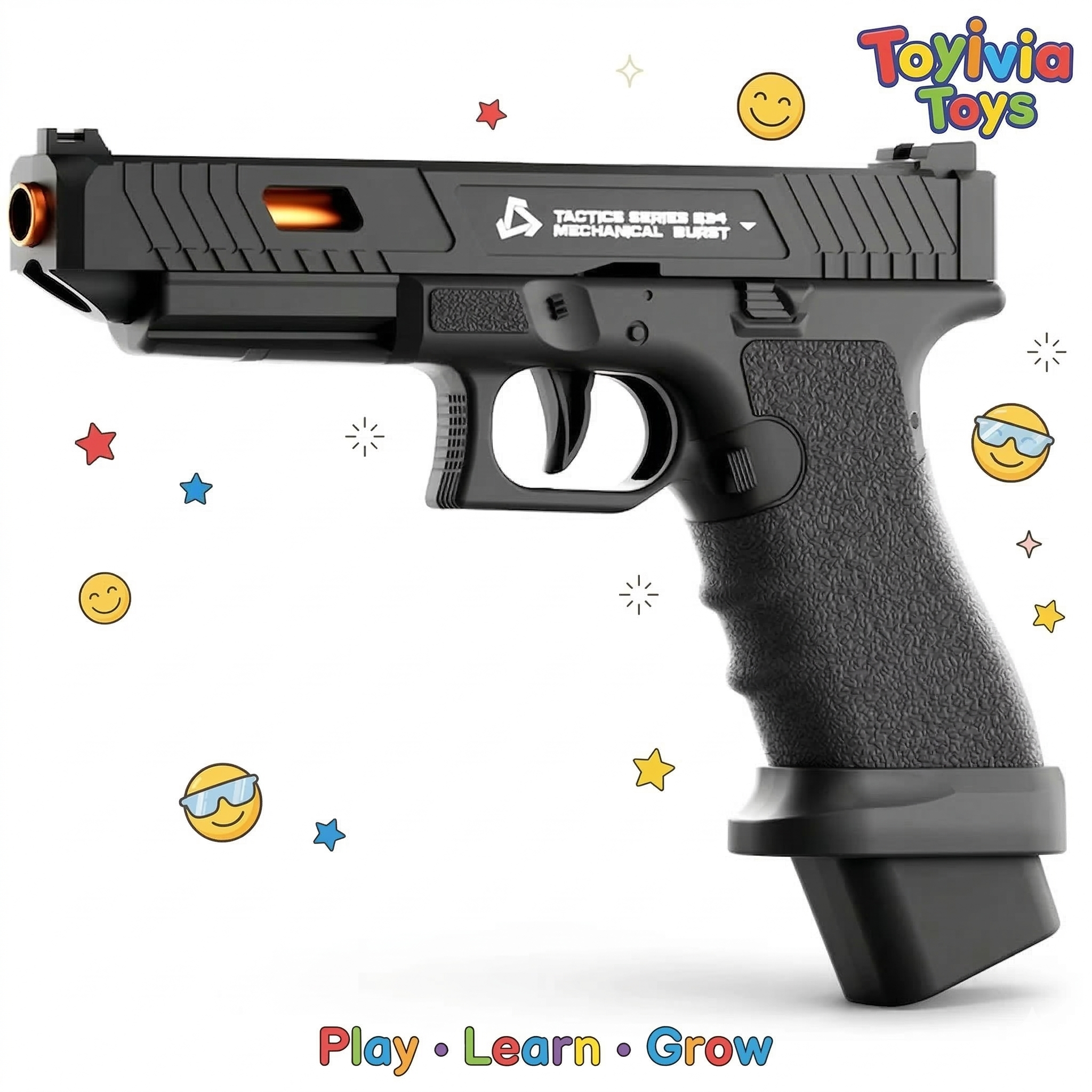 Black toy gun with colorful smiley face icons and 'Toyivia Toys' branding on a white background. Main image