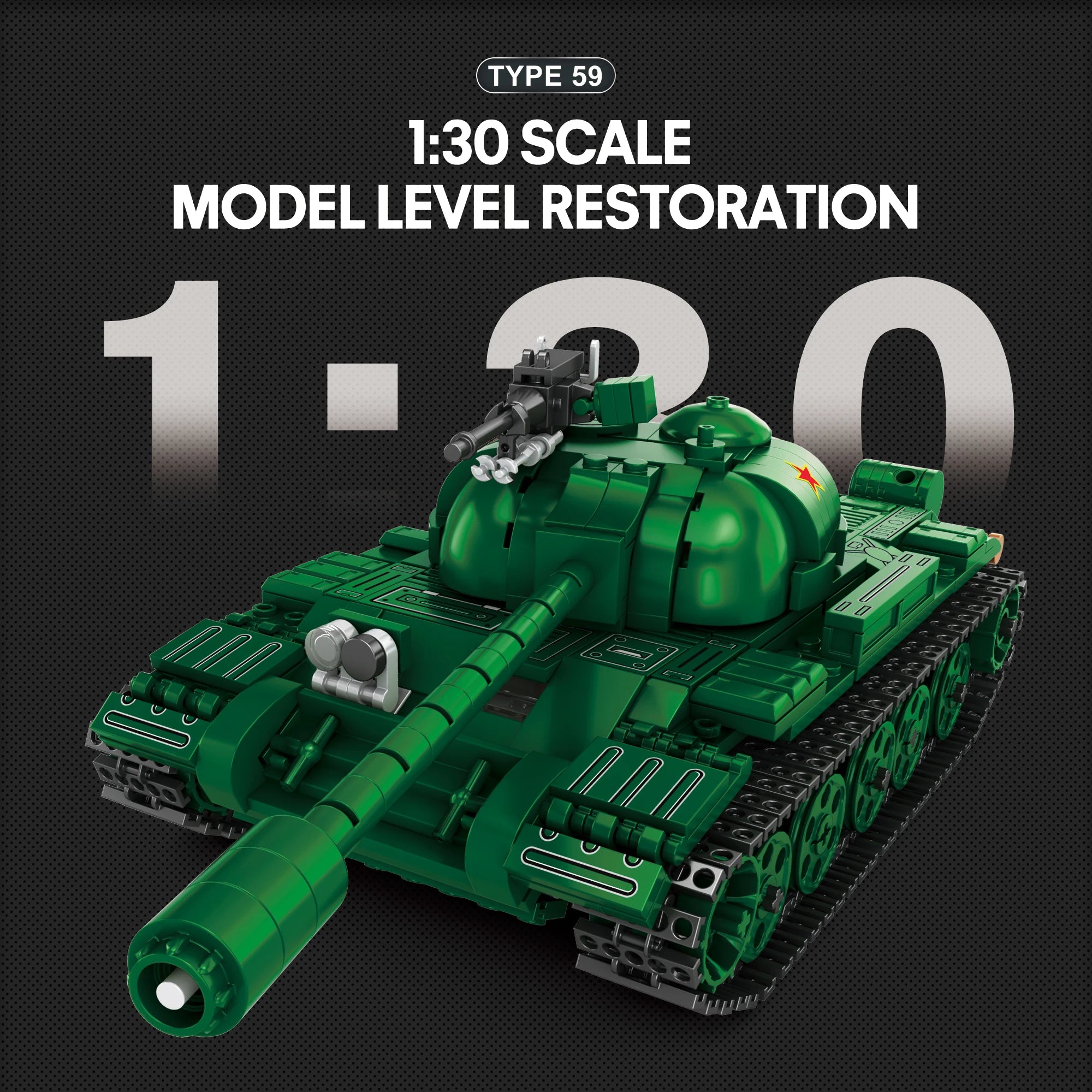 Green model tank with '1:30 Scale Model Level Restoration' text on a black background