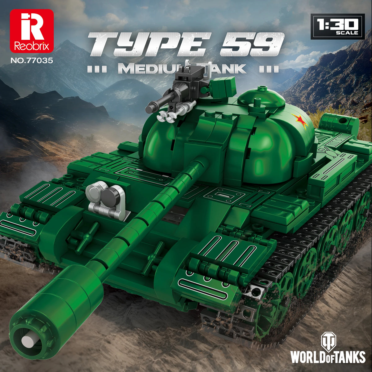 Green toy tank model of Type 59 Medium Tank with RedBrick branding and 'World of Tanks' logo.