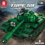Green toy tank model of Type 59 Medium Tank with RedBrick branding and 'World of Tanks' logo.