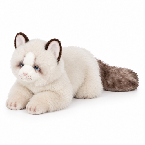 19CM lifelike kitten plush toy, left-facing, centered on white
