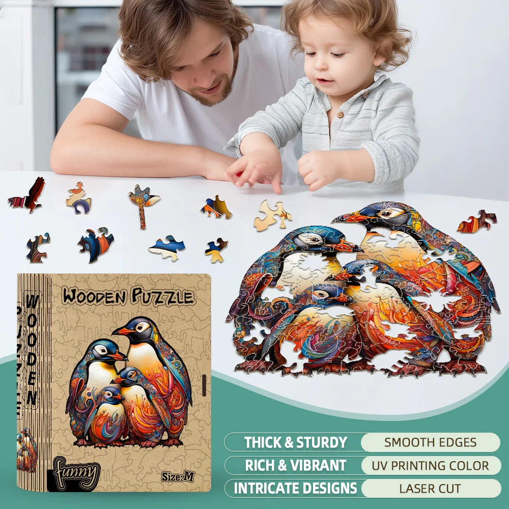 Man and child playing with a colorful wooden puzzle of penguins.