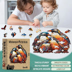 Man and child playing with a colorful wooden puzzle of penguins.