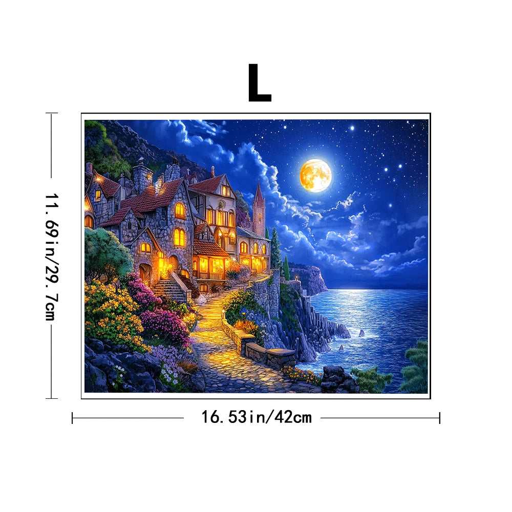 Framed artwork of a coastal scene with a house at night, moonlit sky, and dimensions displayed.