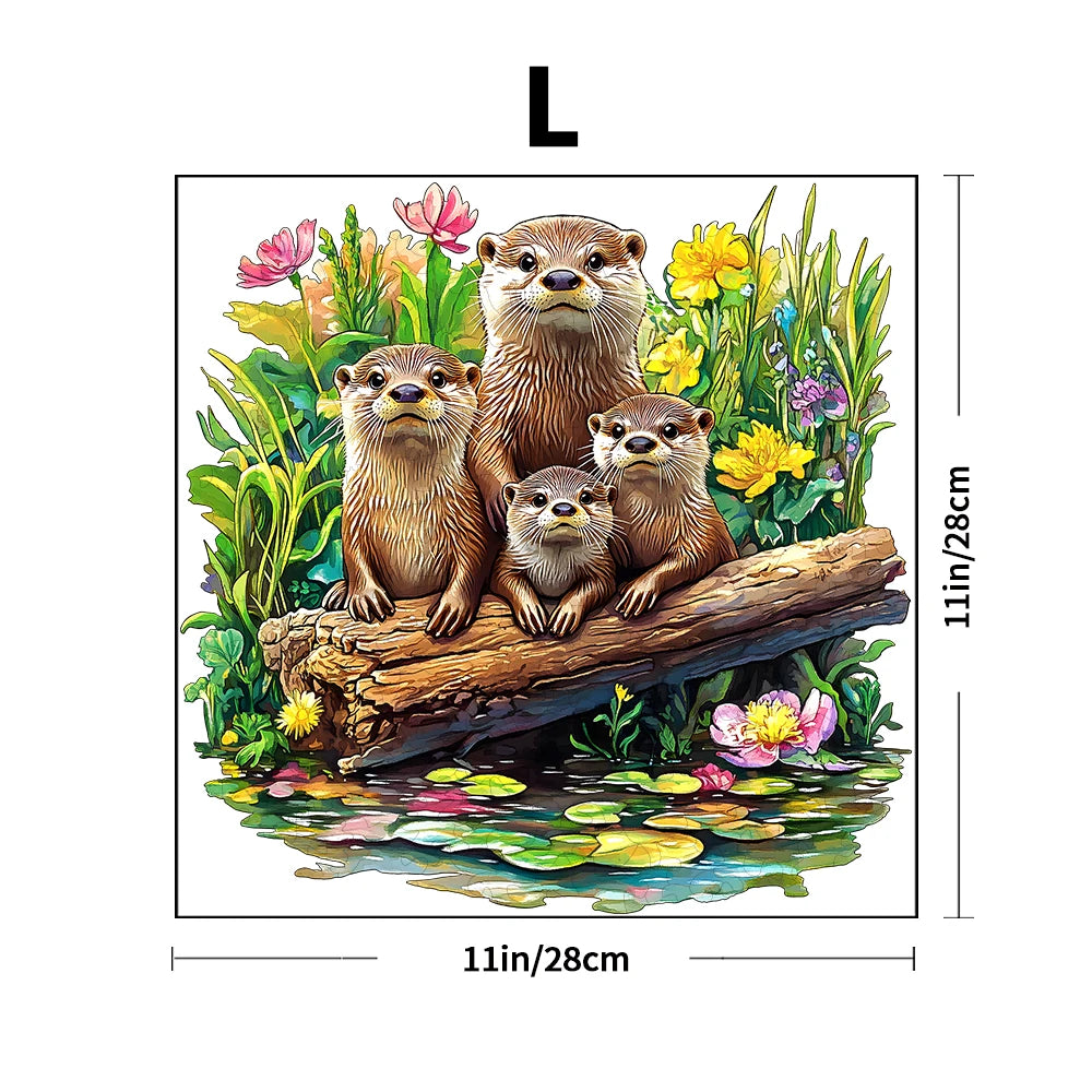 Illustration of four otters on a log with flowers and plants, featuring dimensions.