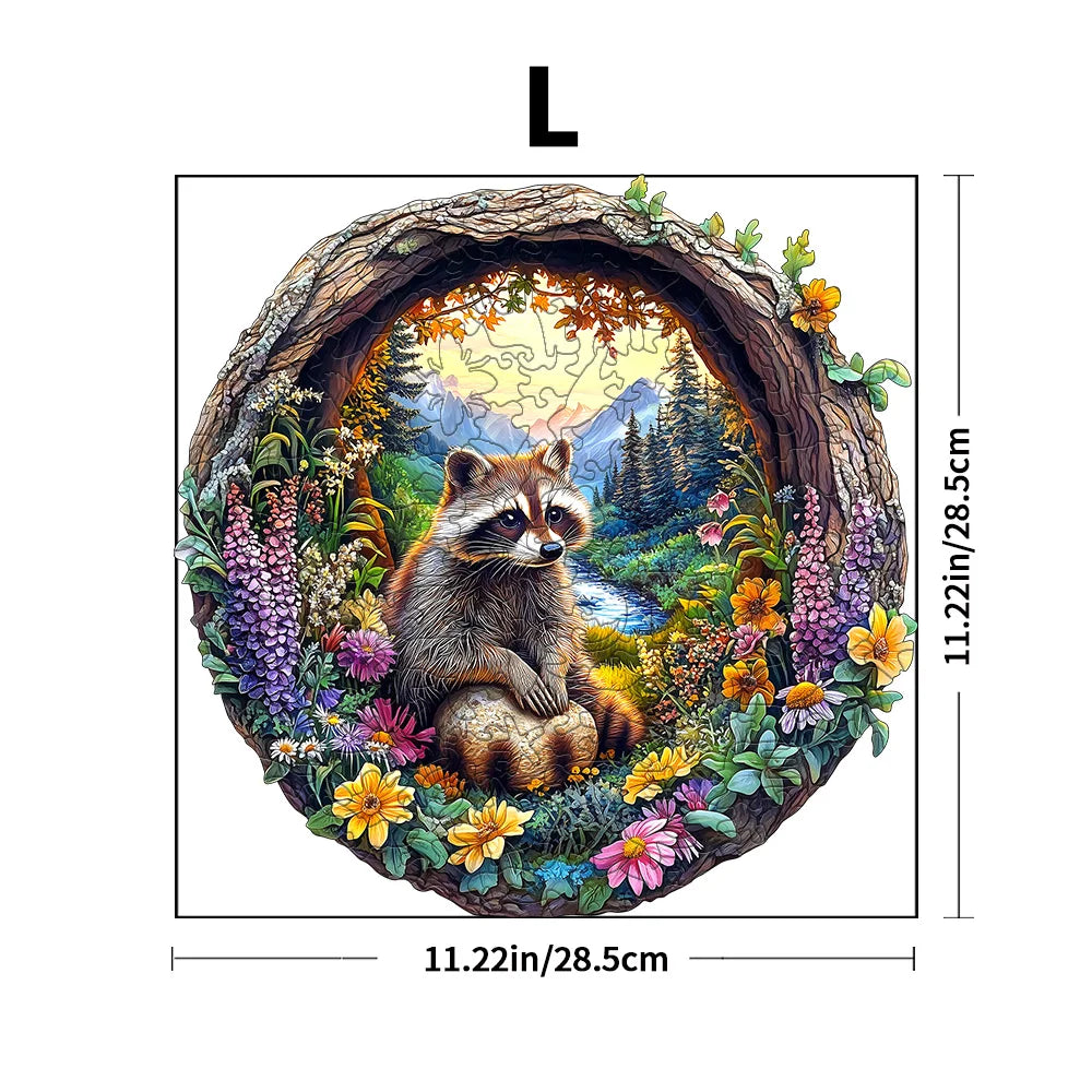 Jigsaw puzzle with a raccoon design, surrounded by nature elements, with measurements indicated.