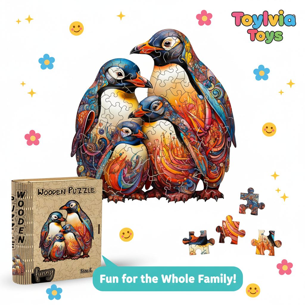 Colorful penguin-themed wooden puzzle set with packaging and scattered pieces on a white background, featuring the brand 'Toylivia Toys'. Main image