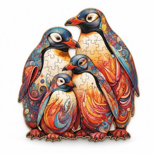 Penguin shaped wooden jigsaw puzzle, enlarged and centered on a white studio surface