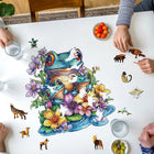 Unique Shape Wooden Jigsaw Puzzle - Frog & Flowers Design