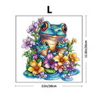 Colorful illustration of frogs and flowers with dimensions on a white background