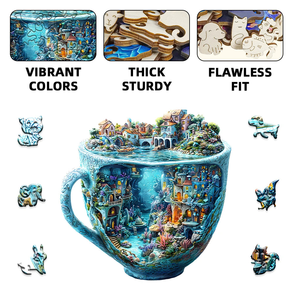 3D puzzle of a cup with a scenic design, showing vibrant colors, thick sturdy pieces, and flawless fit.