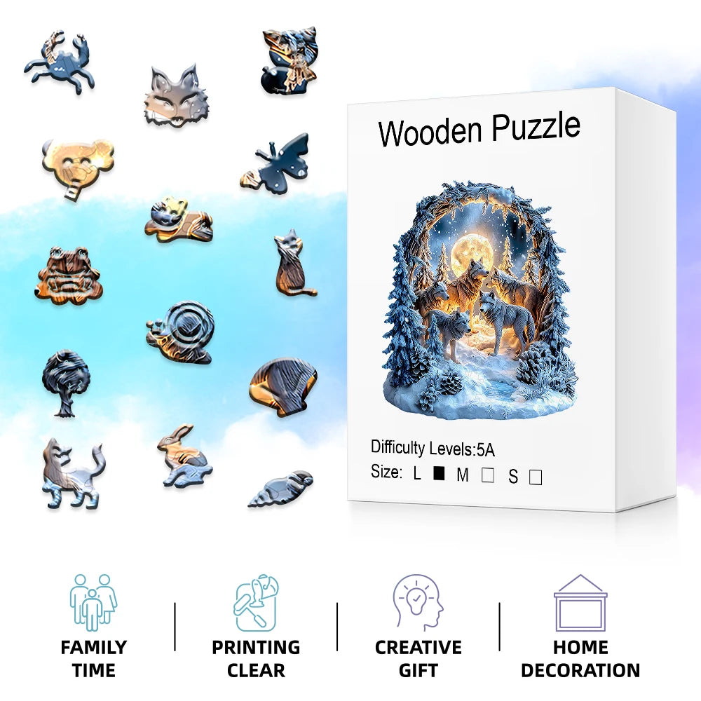 Wooden puzzle with animal pieces and packaging on a gradient background