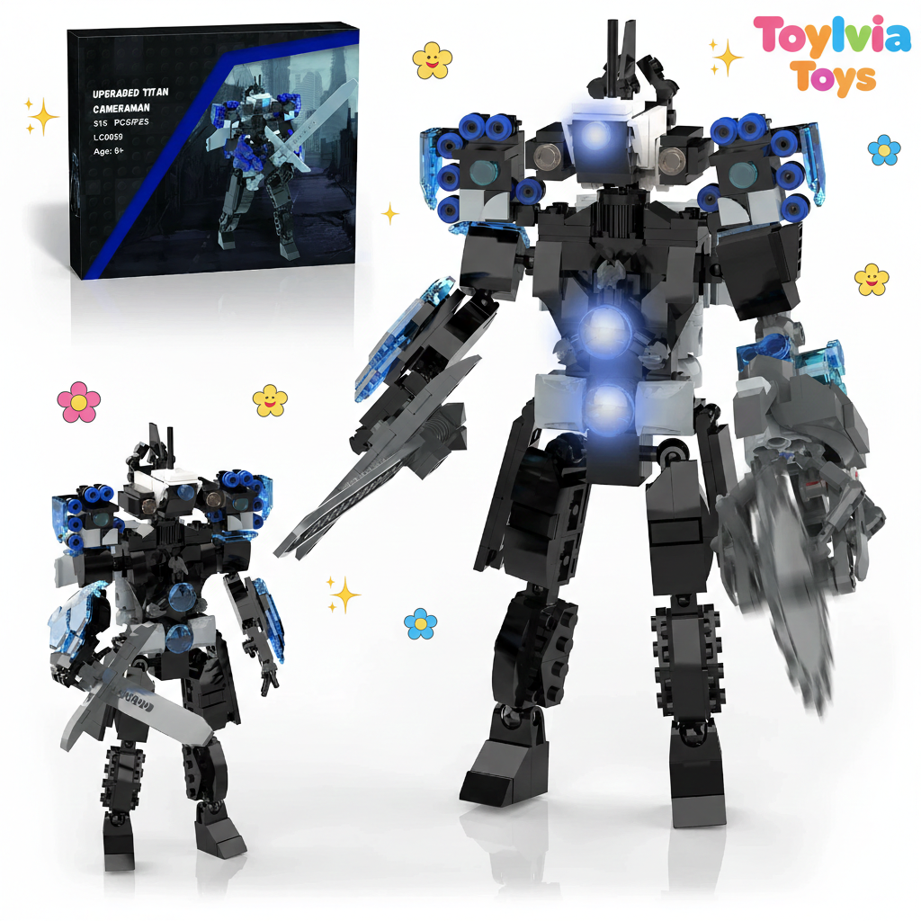 Toy robot with glowing elements next to its packaging, featuring the brand 'Toylvia Toys'.