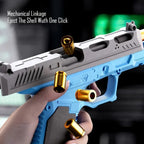Blue toy gun with gold shells held by a hand, against a blurred background.